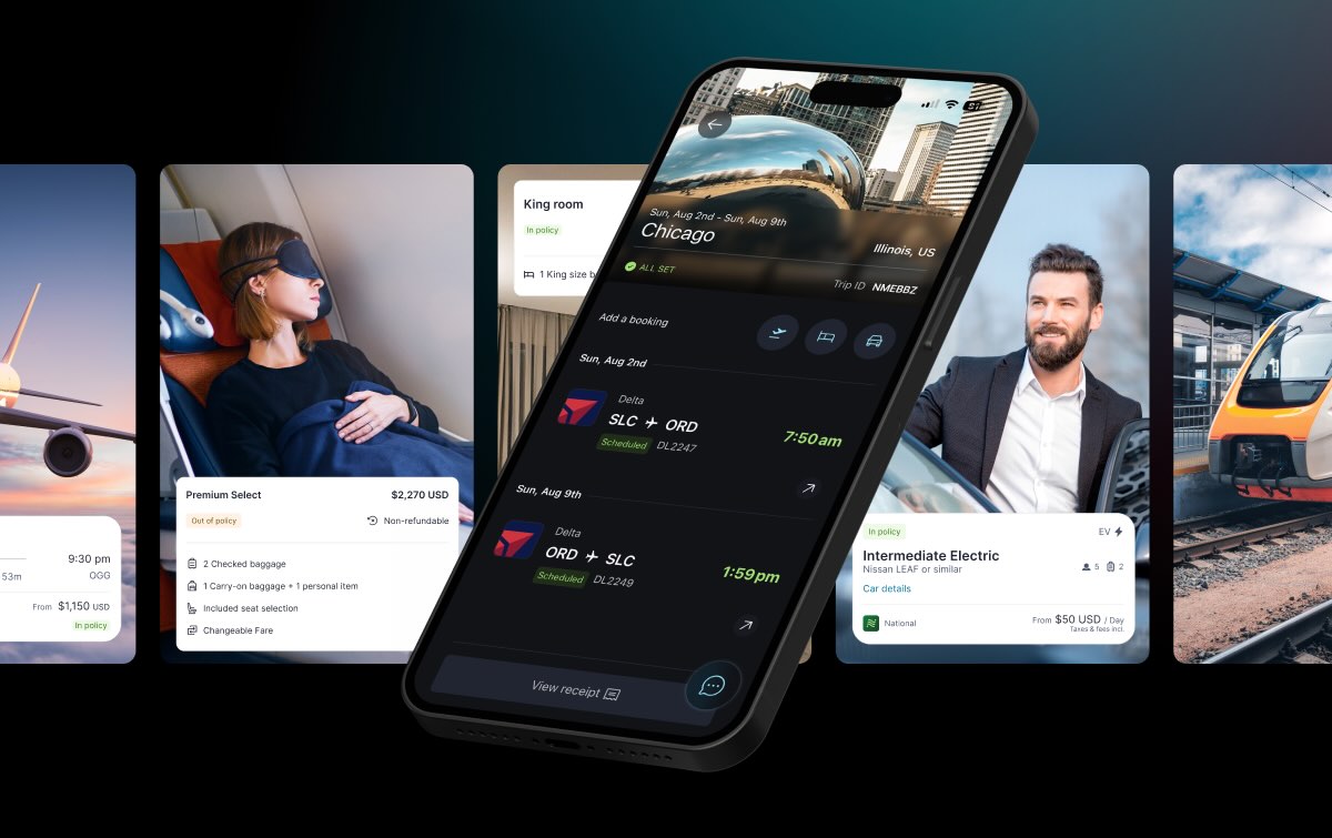Official Andavo Booking launch image showing a mobile trip itinerary alongside flight, hotel, and car options.