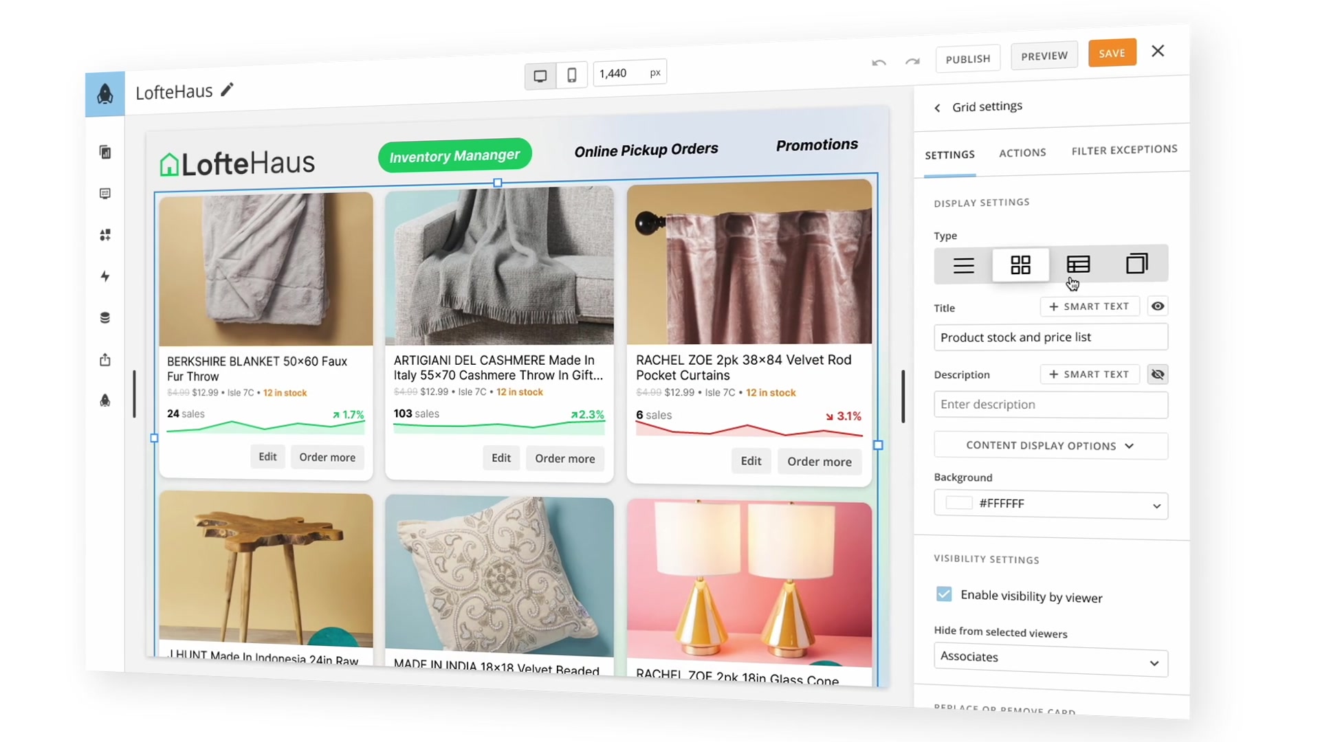 Domo App Studio’s visual editor, with a canvas of content cards and layout controls.