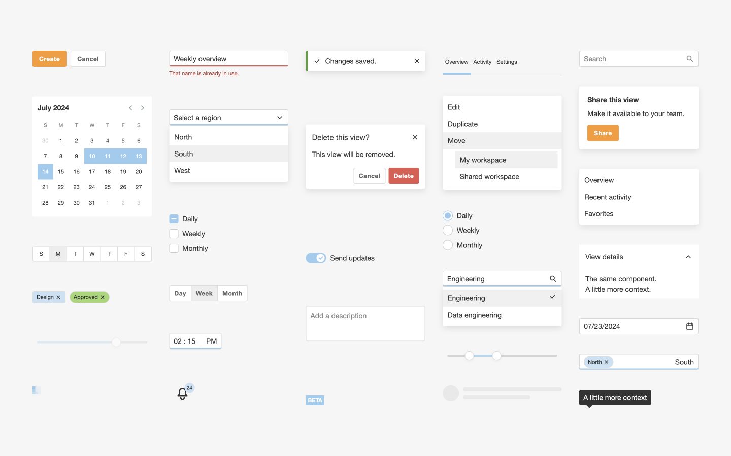 A collage of Bits UI components: calendars, menus, inputs, selections, notifications, and dialogs.
