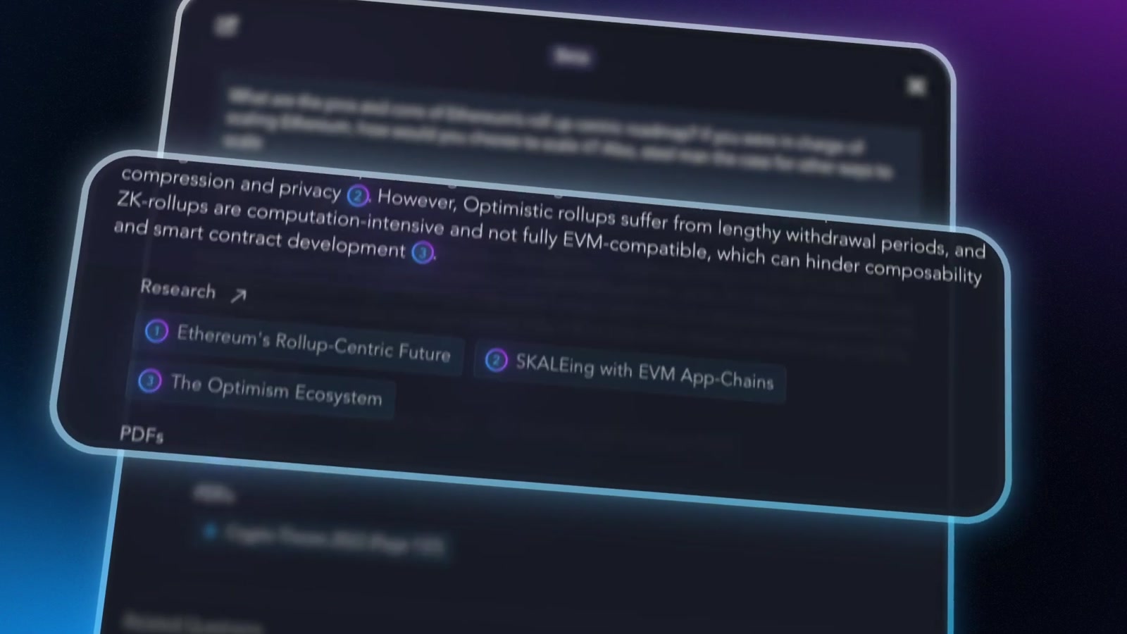 Messari Copilot’s launch film, with linked research sources highlighted over a blue-and-purple conversational interface.