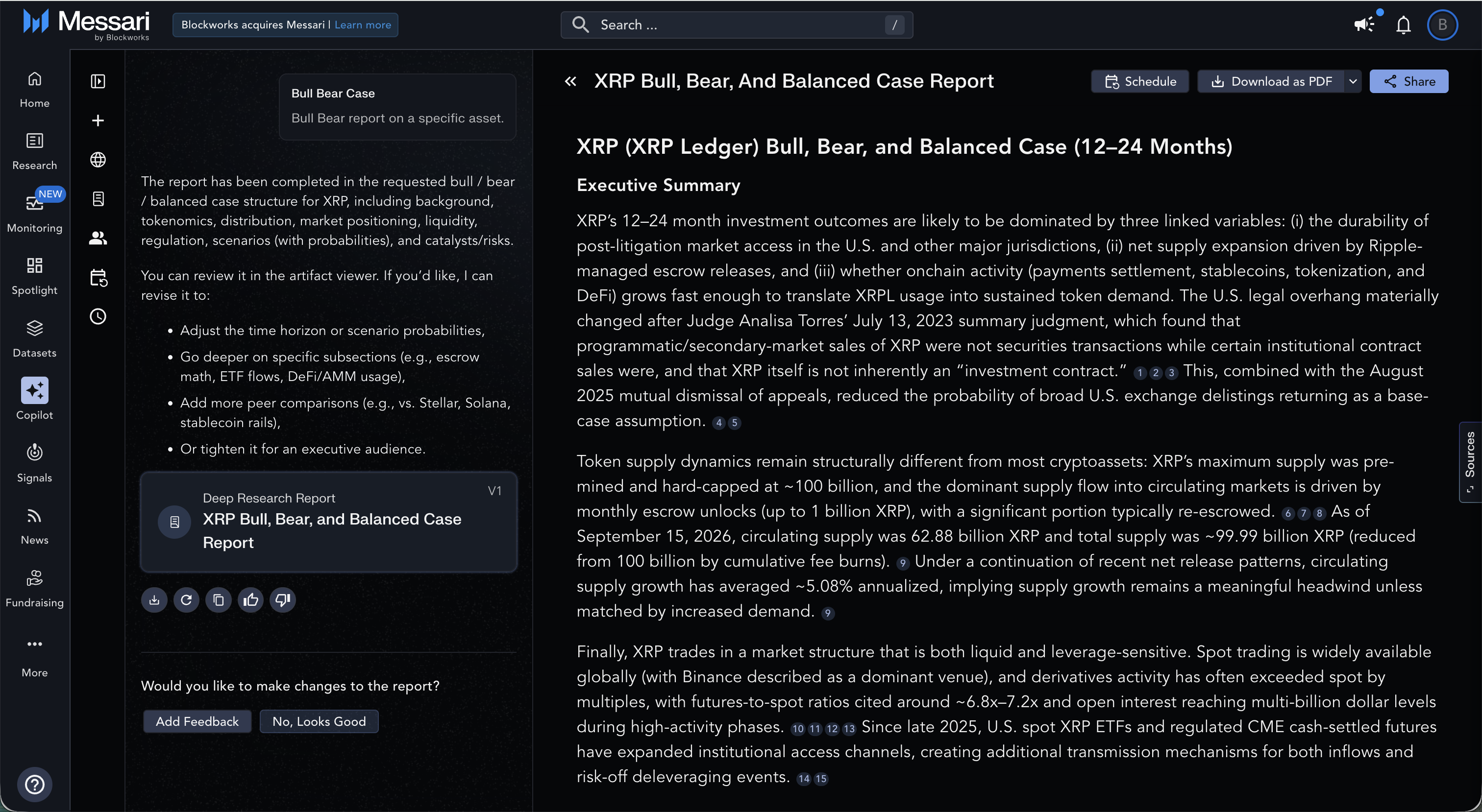 Messari Deep Research, with a completed report beside its conversation and revision controls.